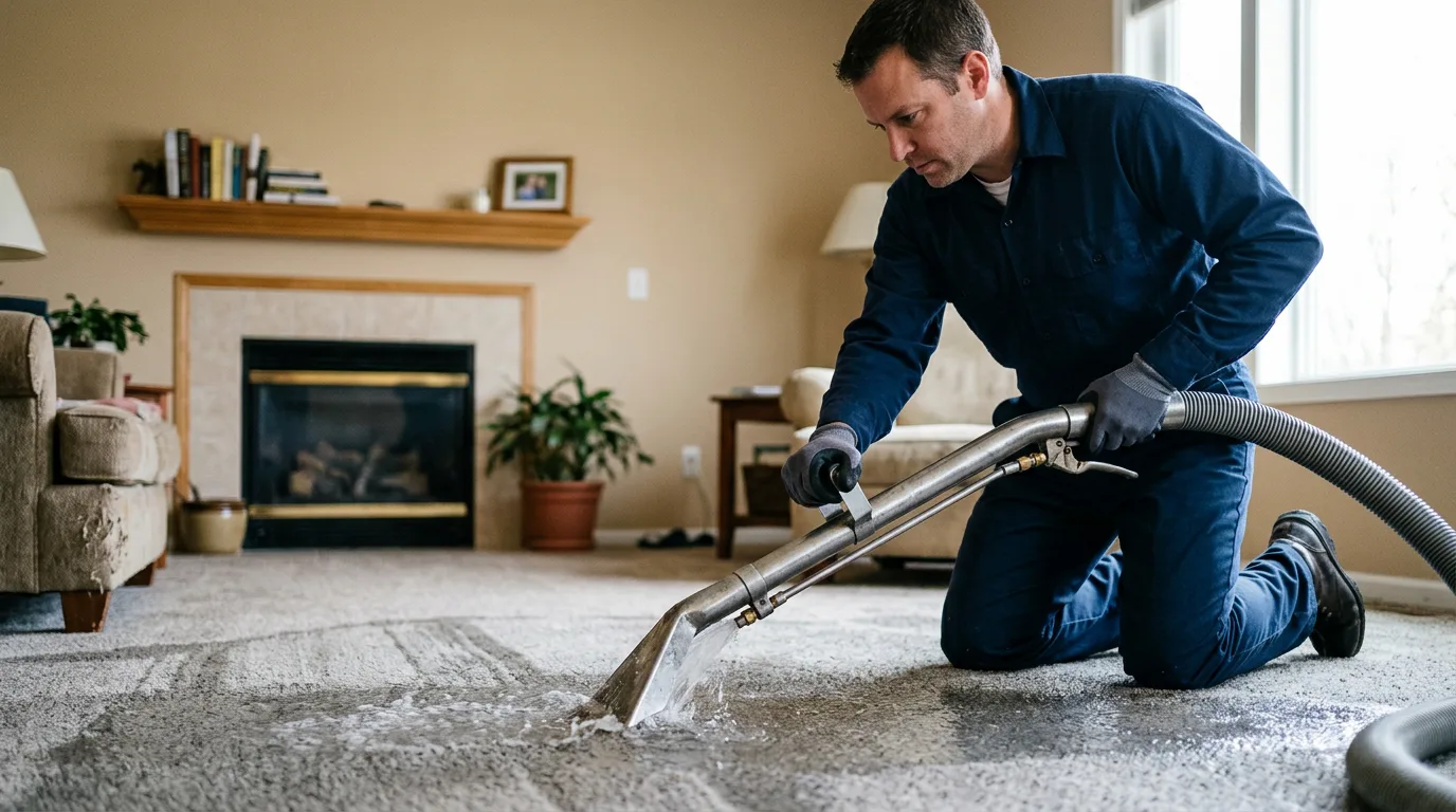 Water damage restoration technician working in a home in Georgia